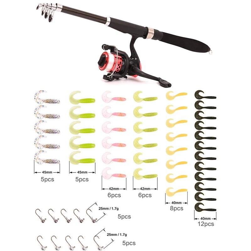 LEO Teleskop-Angelrute für das Meer, 130/160 cm, Combo-Spinnrolle, Angelhaken, weicher Köder, komplettes Angelset mit Angeltasche für unterwegs