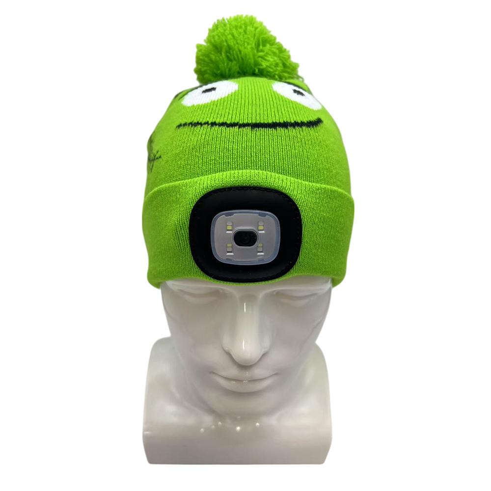 Novelty LED Beanie for Boys Factory Price Logo and Color Custom LOGO Cute Cartoon Green Knitted Hat with LED Headlamp