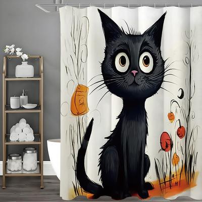Cute Cartoon Black Cat Shower Curtain, Bathroom Decorative Shower Curtain, Waterproof Shower Curtain with Hooks