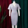Office Ladie Bodycon Dresses V Neck Short Sleeve Solid Package Hips Mid Calf Professional Business Work Robe Dress
