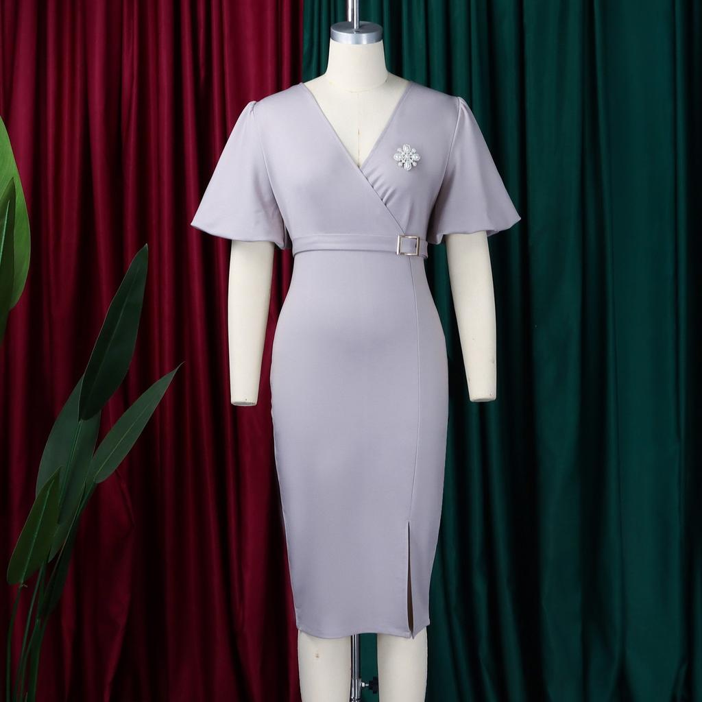 Office Ladie Bodycon Dresses V Neck Short Sleeve Solid Package Hips Mid Calf Professional Business Work Robe Dress