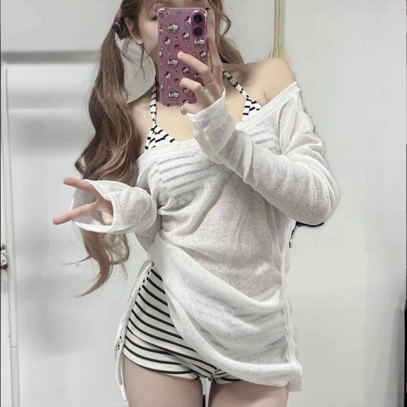 Womens White Striped Bikini Set With Long Sleeve Rash Guard Top High Waist Bottoms UV Protection Swimwear
