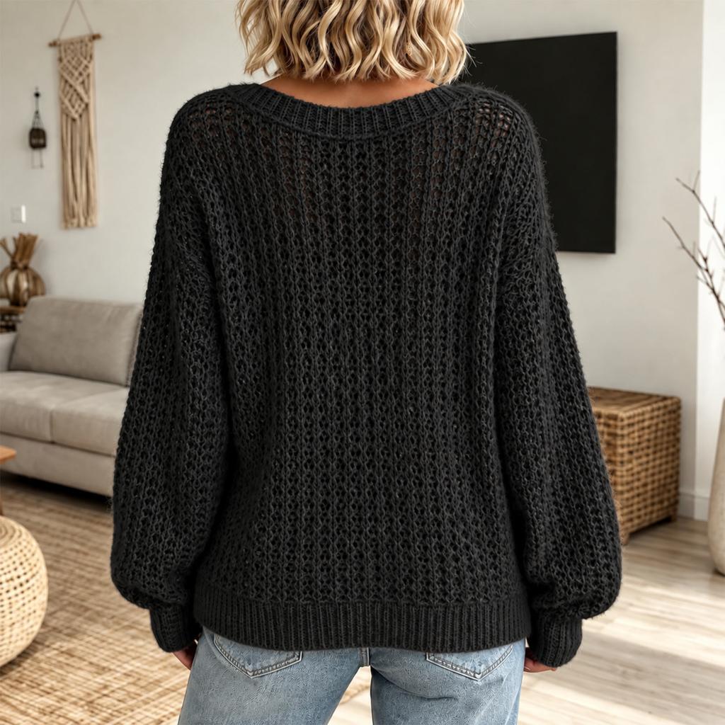 Women's Loose Slouchy V-Neck Sequin Open Knit Sweater Casual Long Sleeve Pullover Top for Fall Winter