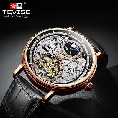 Tewis Herren Skelett Mechanische Uhr mit Lederarmband