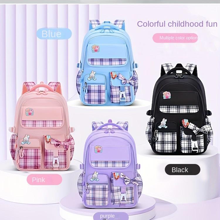 Bow Plaid Girls School Bag 3-Piece Set Backpack with Lunch Bag Pen Case Pink