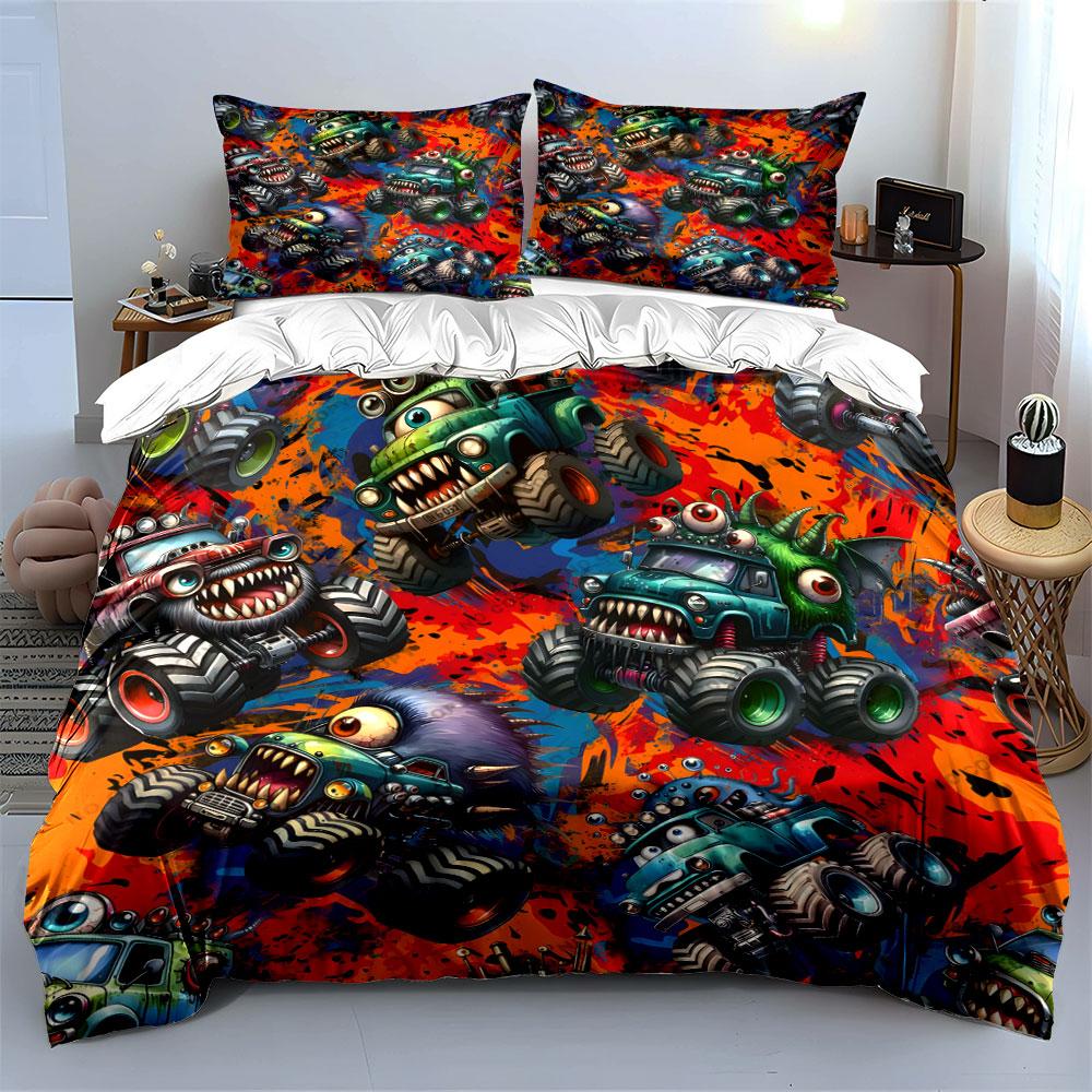 Monster Truck Themed Bedding Set Perfect For Bedrooms Decor. Exquisite Three-Piece Bedding Set Gift For Kids And Adults