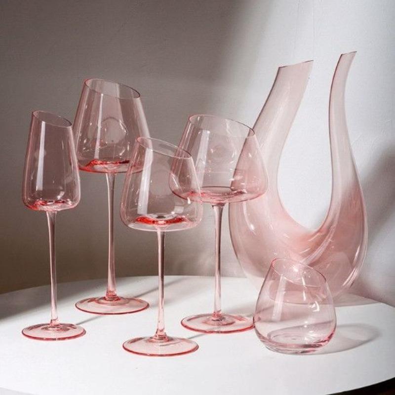 Pink High-end Red Wine Glass, Household Light Luxury Ins-style Wine Glasses, Champagne Glassware, Diagonal Crystal High Barware