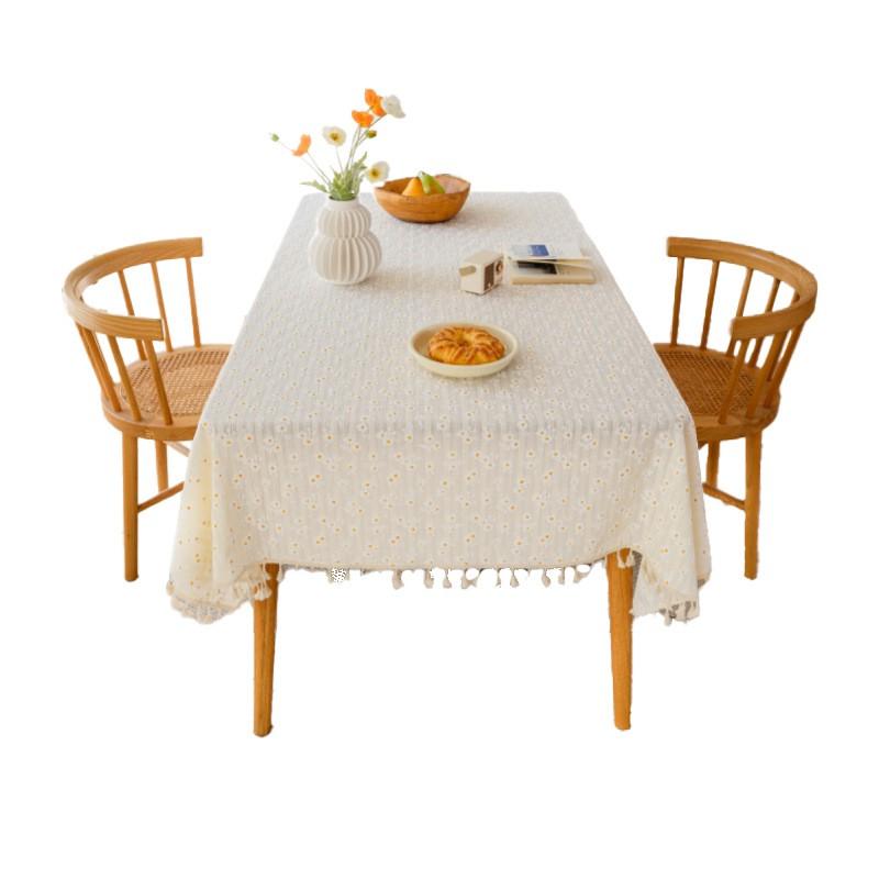 Fresh Linen Cotton Tablecloth Ins Style Daisy Floral Table Cloth Tassel Rectangular Cover Dining Decor