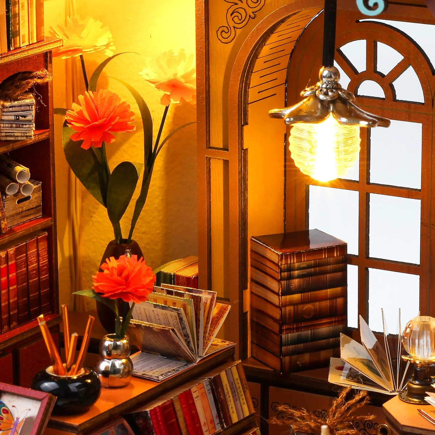 Quanquer Miniature House Kit: Magic Book Store Book Nook with Furniture and LED Light - DIY Kits for Adults - Wooden Doll House - Great Handmade Magic Book Store Book Noo