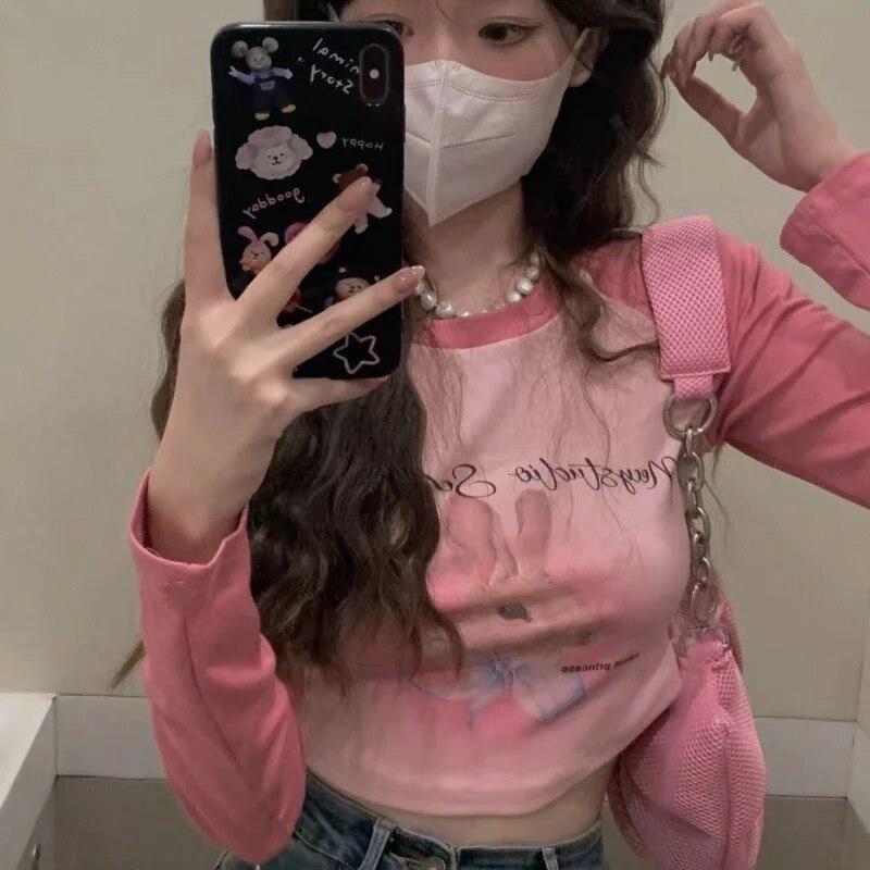 2KWEIRD Crop Tops Korean Woman Tshirts O-neck Long Sleeve Contrast Color Tunic Tees Fashion Casual Sweet Y2k T Shirt