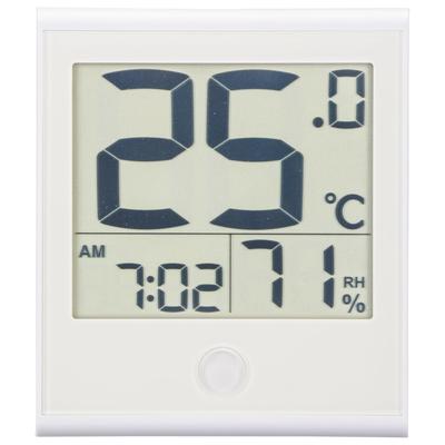 OHM Thermometer Temperature Humidity Meter Digital Large Display Easy Reading Screen Tabletop Wall-mounted Clock Calendar Time Date White TEM-210B-W