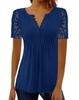 2023 Womens Pleated Lace Sleeve Short Sleeve Solid Color Button Up T Shirt Top