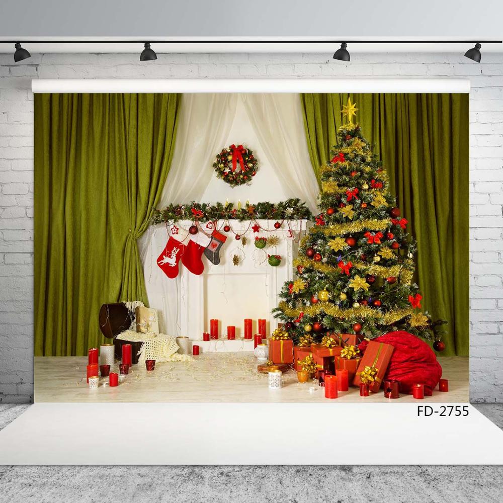 Christmas Tree Gifts Decor Green Curtain Photo Backdrops Vinyl Cloth Background for Children Baby Family Photography Props