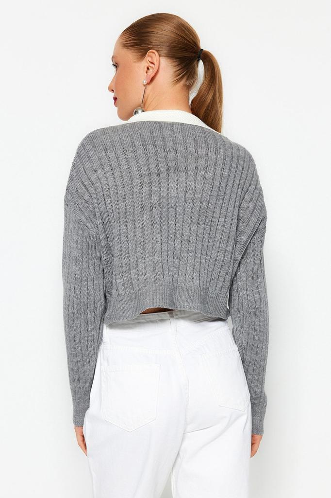 Women's Elegance Style Cardigan Green Super Crop Shirt Collar Knitwear Cardigan