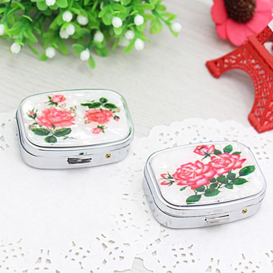 Metal Pill Box with Mirror Reusable Compact Portable Classified Store Pills Flower Print Oblong Shape Large Capacity Pill Organizer for Travel