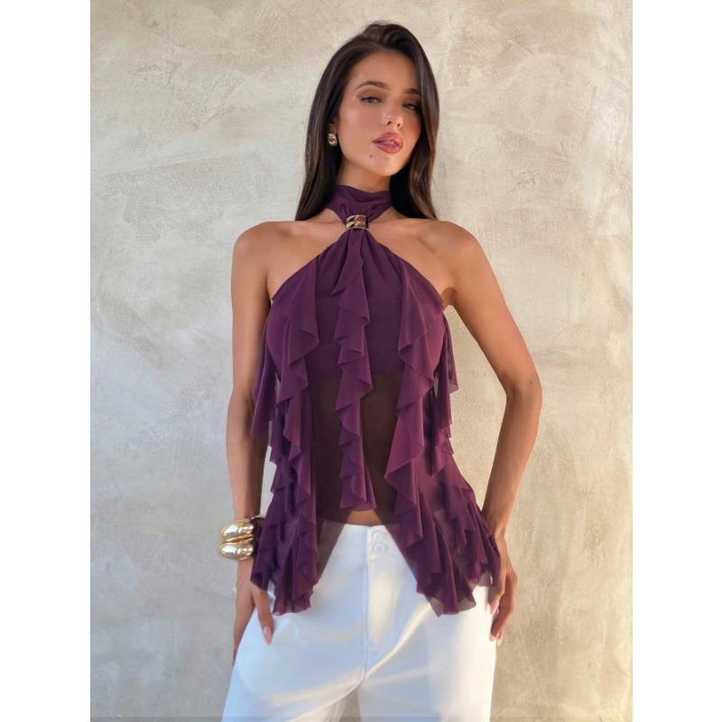 Purple Halter Mesh Ruffled Off Shoulder Sleeveless Sexy Women Casual Top