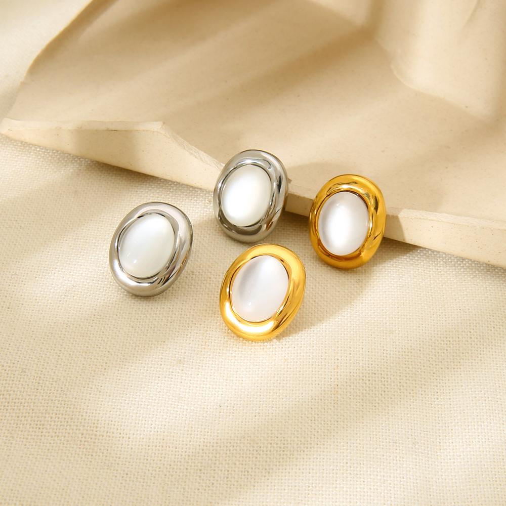 Cercei Geometrici Tip Stud din Rășină și Oțel Inoxidabil la Modă, Ochi de Pisică Alb, Placat cu Aur de 18K, Bijuterii Impermeabile, Cadou pentru Femei