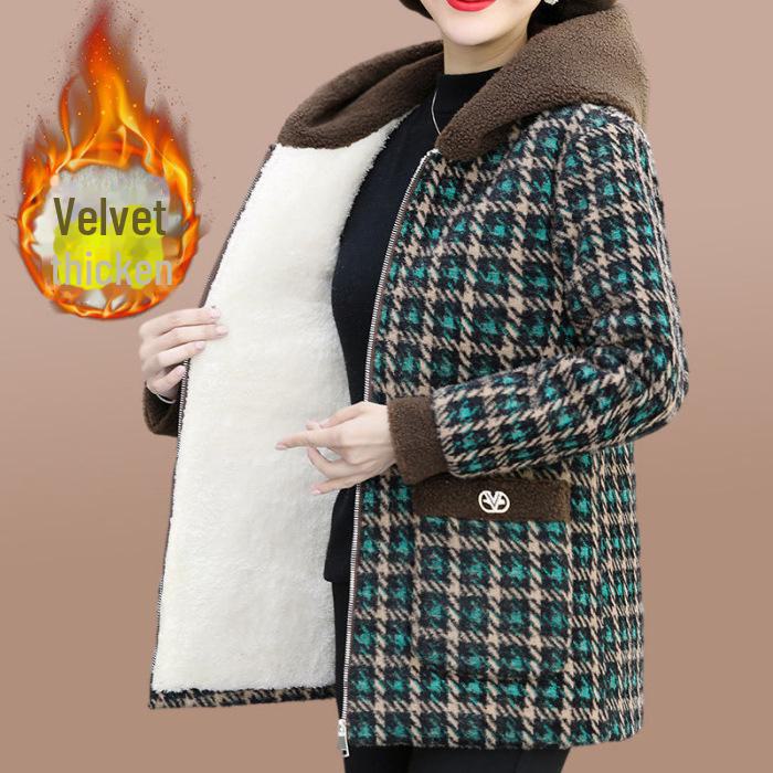 

Женская зимняя куртка из овечьей шерсти с капюшоном — повседневная, универсальная, короткое клетчатое пальто 5XL зелёный