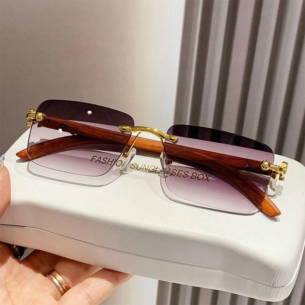 Retro Vintage Rimless Sunglasses Cheetah Decor Uv400 Metal Sun Glasses Square Shades For Women & Men