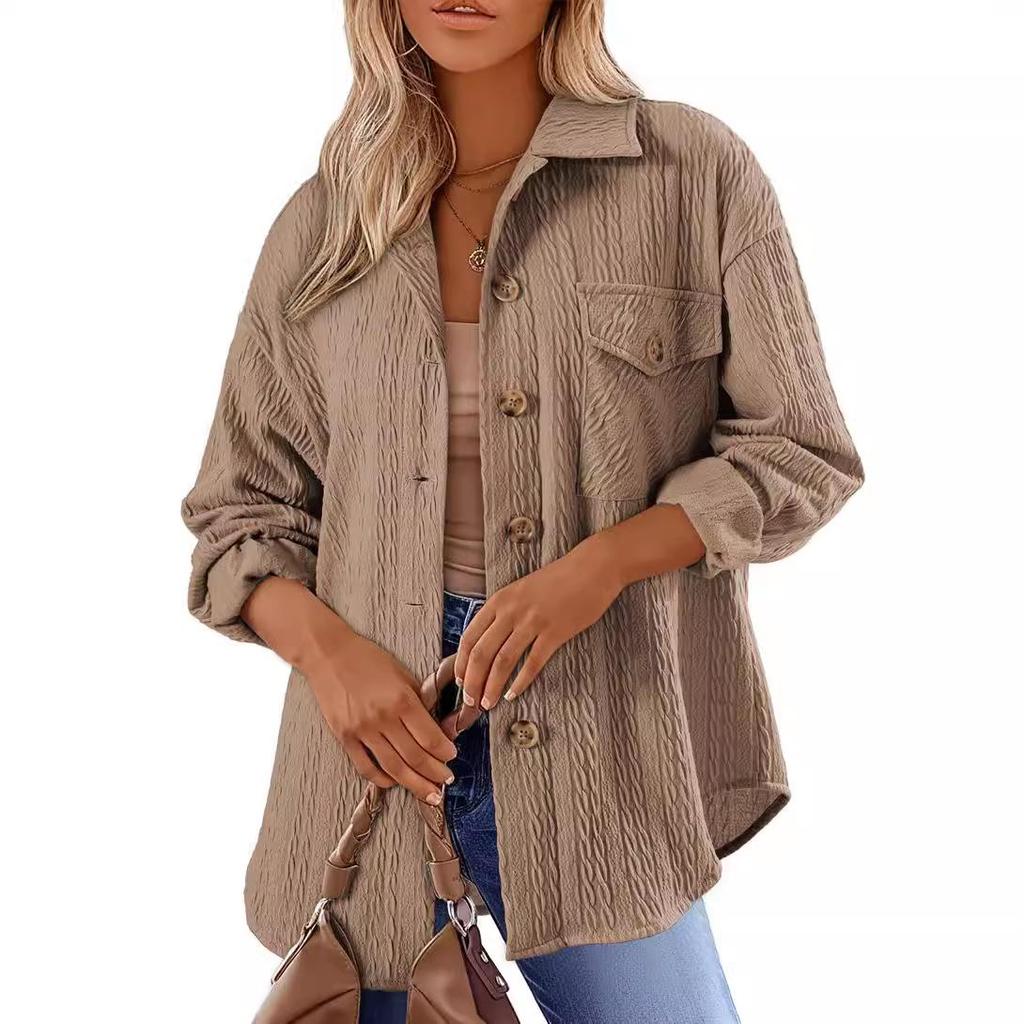 2024 Women's Autumn & Winter Loose Lapel Pocket Button Coat - Solid Color, Long Sleeve