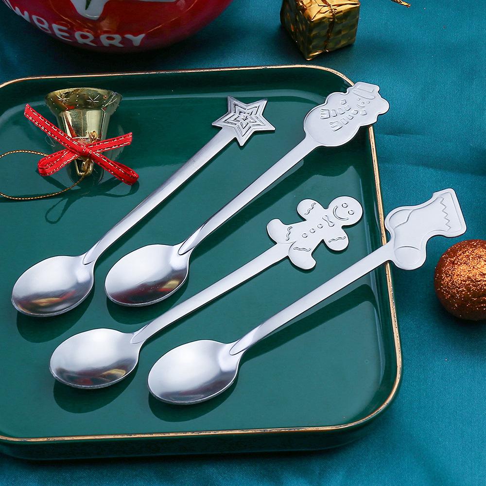 4pcs Christmas Teaspoons Coffee Spoons With Gift Box Stirring Spoons Stainless Steel Tableware Snowman Stocking Star Dessert Spoon