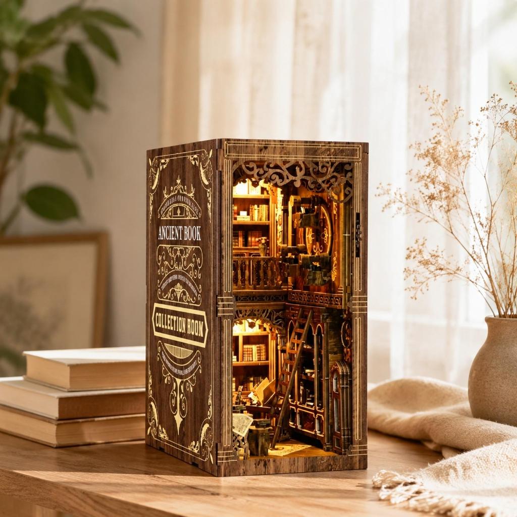 DIY Miniature Literary Shelf Ornament Warm Glow Cut Wooden Bookend Model No