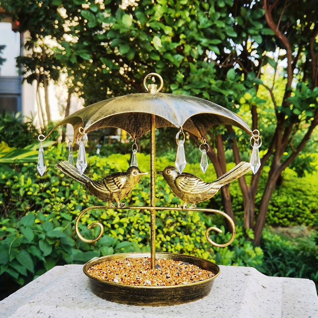Wrought Hanging Bird Feeder with Umbrella Design for Outdoor Garden