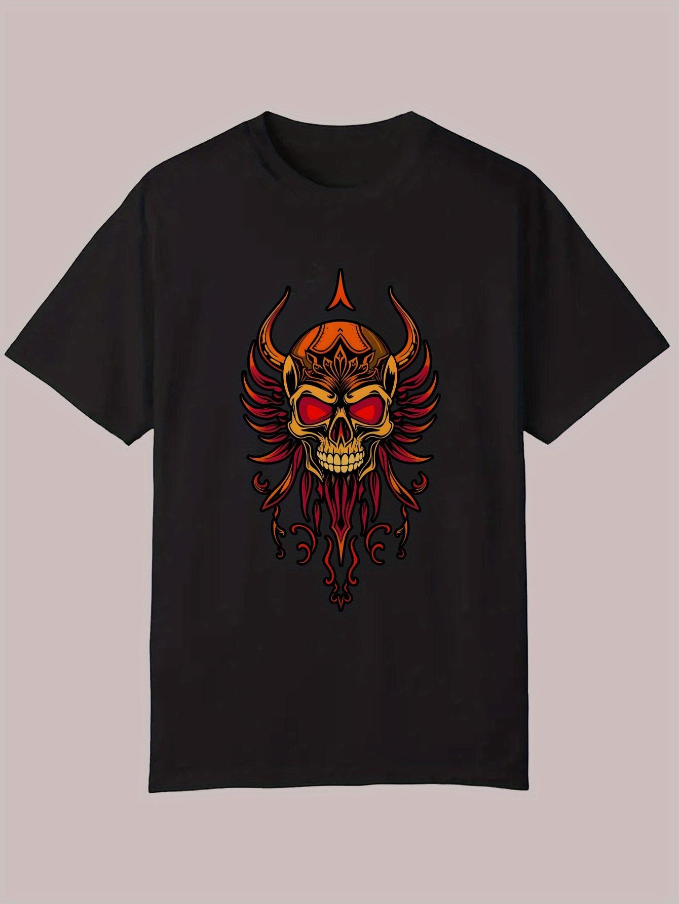 Gothic Skull Graphic T-shirt - Black Casual Summer Tee with Bold Red & Orange Design S