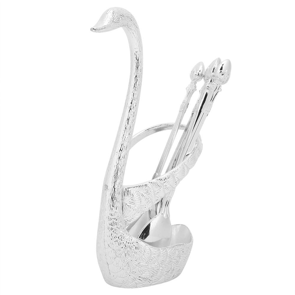 Zinc Alloy Swan‑Shaped Bracket Fruit Dessert Spoons Set Kitchen Tableware Wedding Supplies(Silver 6 Spoons )