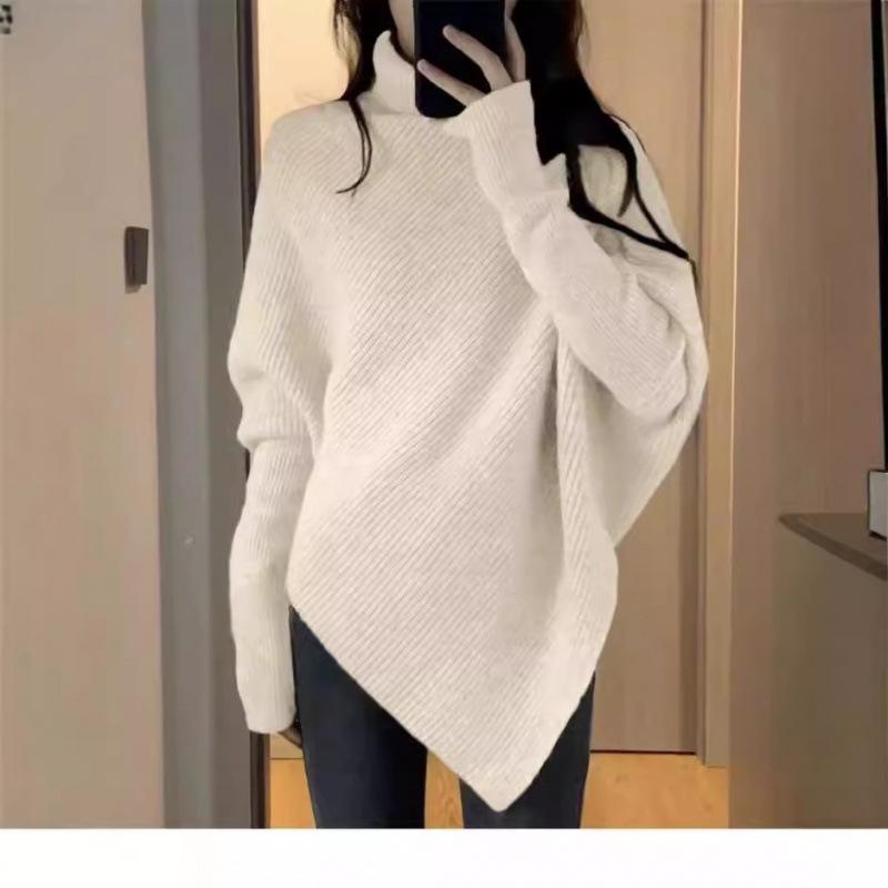 Women's Pure Wool Thickened Turtleneck Sweater, Irregular Loose Knit, Cozy Autumn/Winter Style