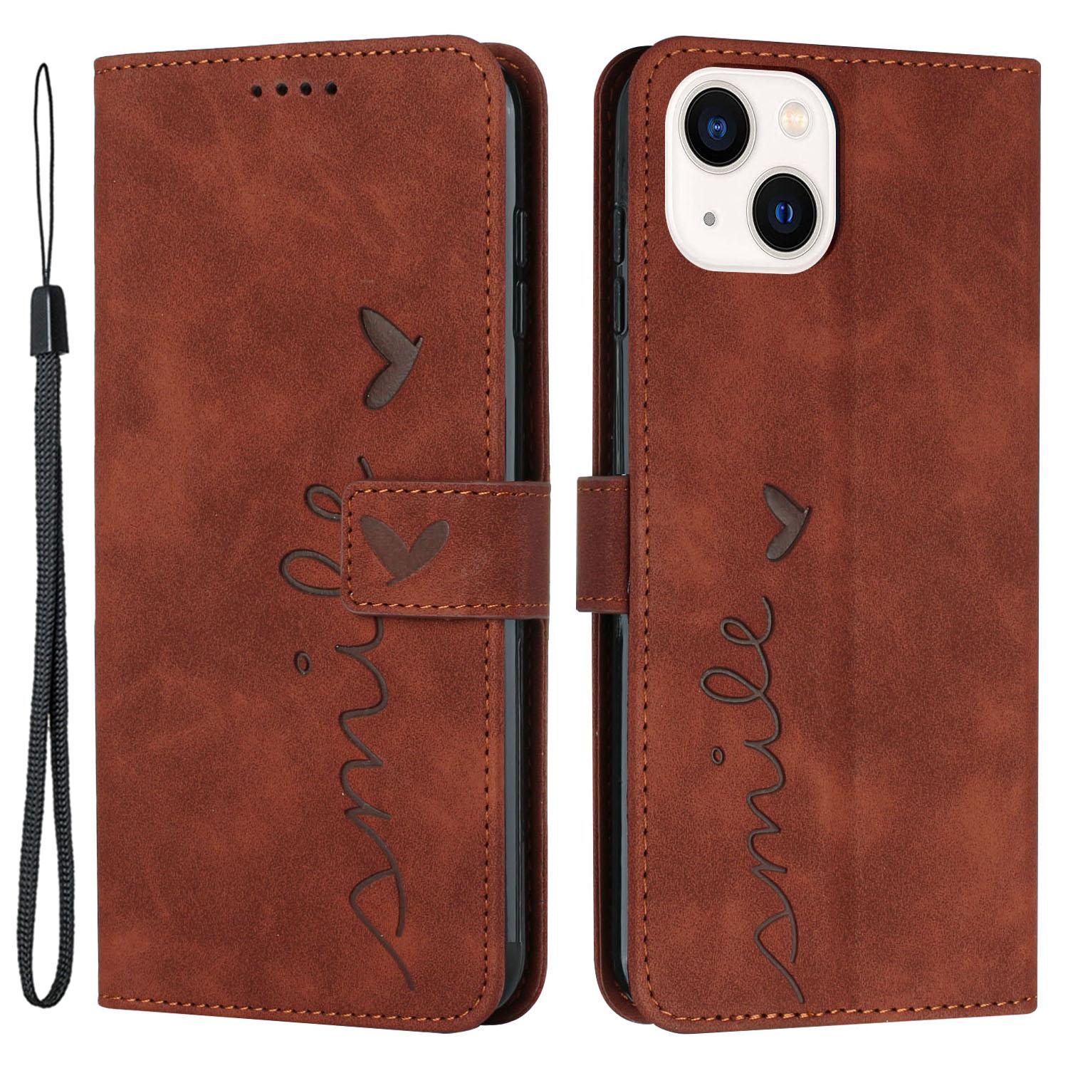 

PU Leather Wallet Case for iPhone 15,Stand Heart Imprinted Protective Phone Cover Brown