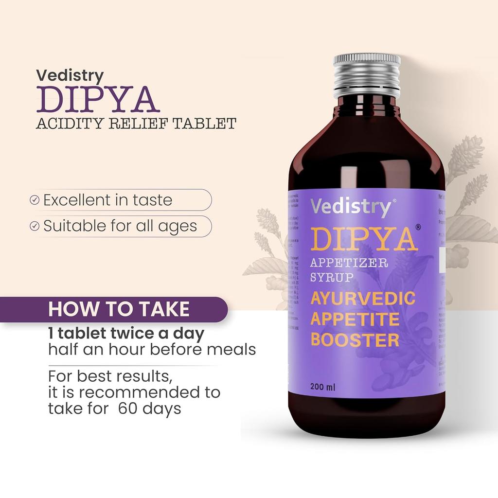 Vedistry Dipya Appetizer Syrup 200ml Pack of 1 | Natural Ayurvedic Digestion & Appetite Booster for Kids Adults