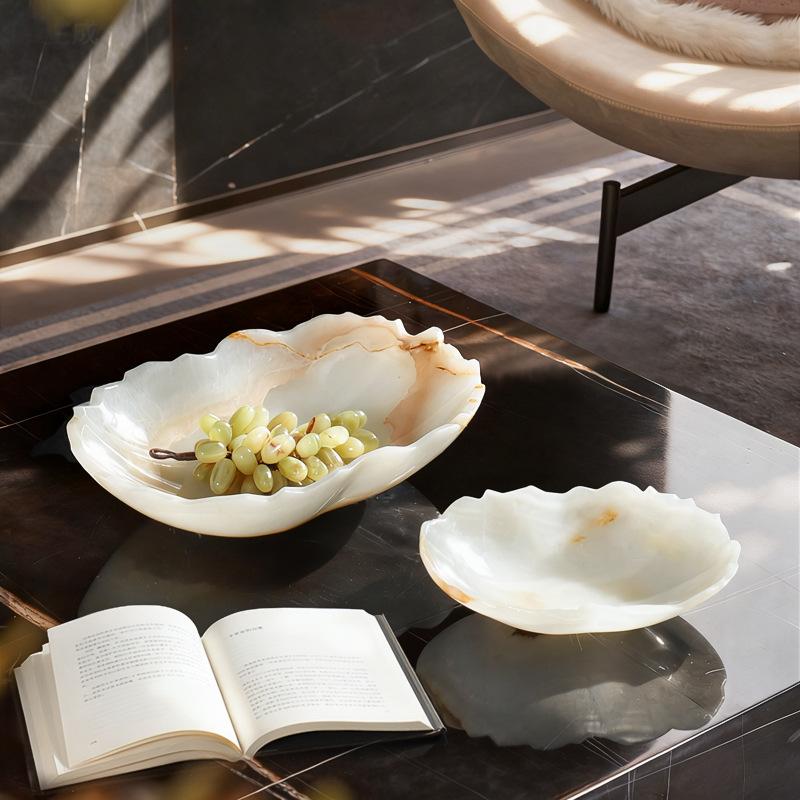 White Onyx Natural Marble Serving Tray for Fruit Salad Snacks Decorative Bowl for Kitchen Counter Entryway Table Home Decor