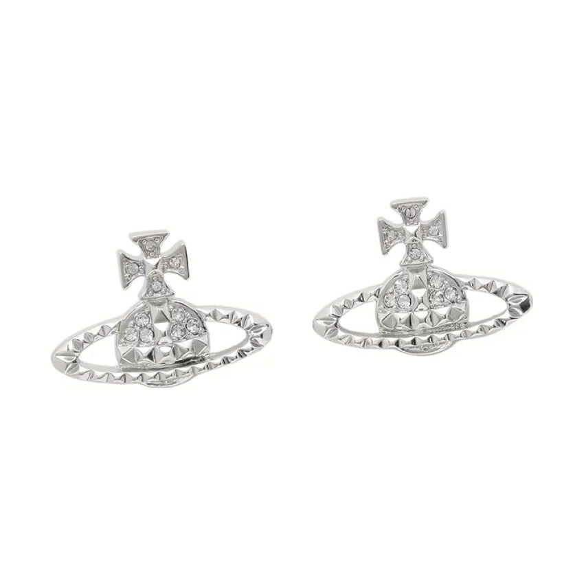Vivienne Westwood Mayfair Bas Relief Classic Studded Planet Embossed Brass Crystal Earrings Women earrings Silver 62010029-W110 Box