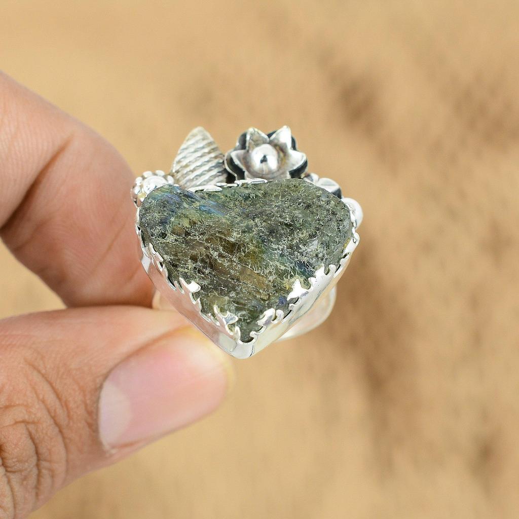 Mothers day Sale Natural Labradorite Rough Flower Promise Ring Sterling Silver