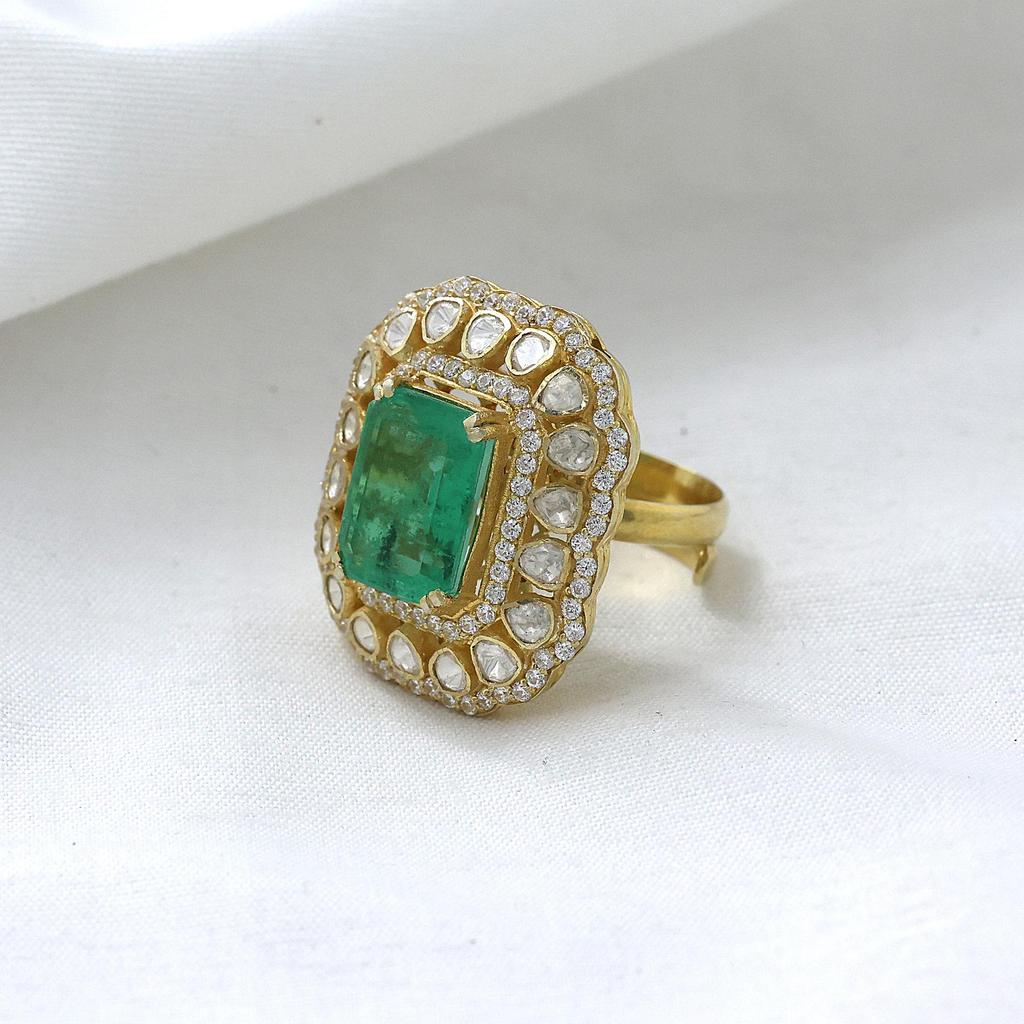 925 Sterling Silver Handmade Jewelry, Gold Finish Kundan Ring, Indian jewelry, Statement Women ring Polki Ring, Moissanite Adjustable Ring