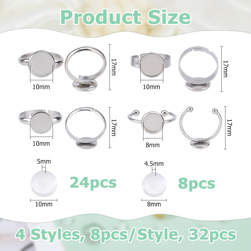 Hobbspring 32 Stück 4 Stile Verstellbare Leere Ringe Edelstahl Fingerring Fassungen Cabochon Ringe Herstellungs-Kit 8/10mm Ring Basis Pad mit Glas