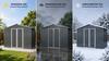 Metal Garden Shed 10x8 ft with Apex Roof in Grey as Outdoor Storage. The shed is equipped with an integrated floor frame. Floor area: 7.46 m².