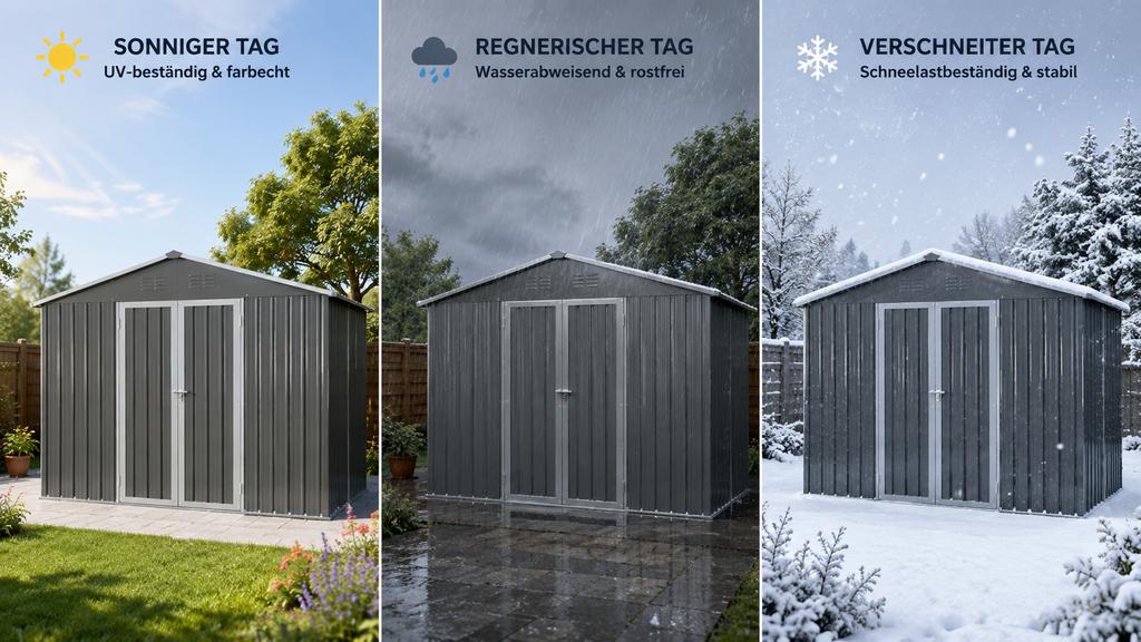 Metal Garden Shed 10x8 ft with Apex Roof in Grey as Outdoor Storage. The shed is equipped with an integrated floor frame. Floor area: 7.46 m².
