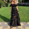 Summer New Vintage Off Shoulder Sexy Dress Women Ruffled Hollow Out Lace White Party Loose Dress Women Elegant High Waist A Line Casual Dresses 25088