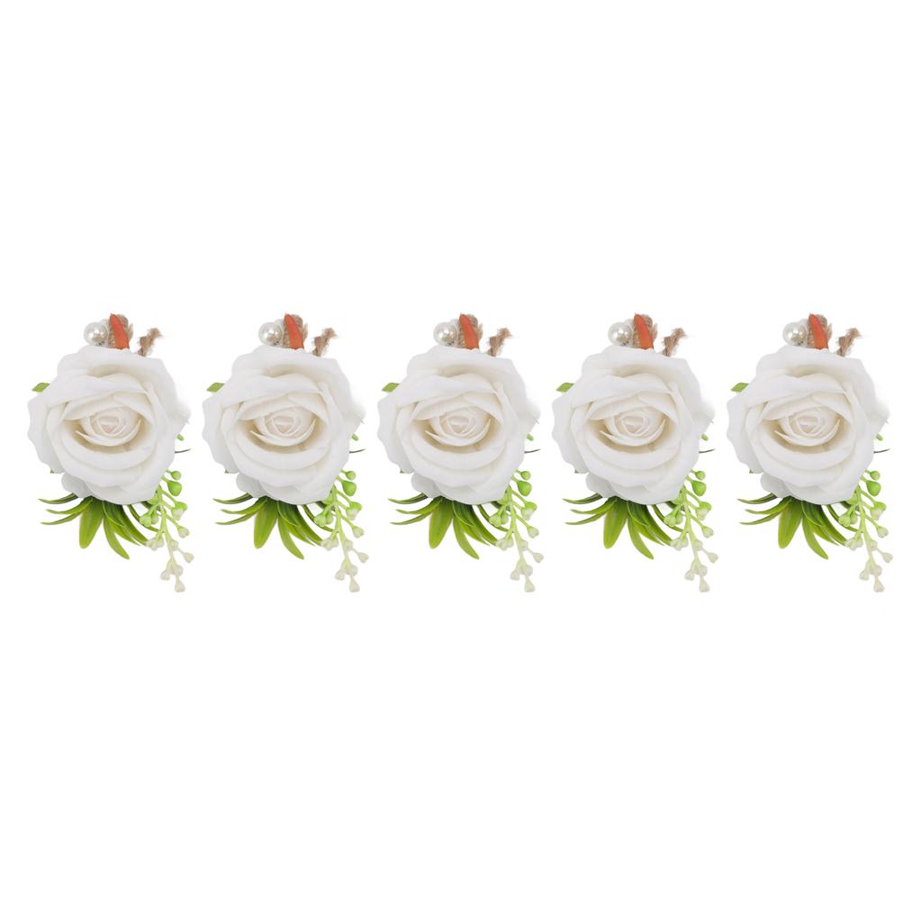 5PCS Wedding Boutonniere Pin Fixed Plastic Artificial Flower Corsage for Bride and Groom White
