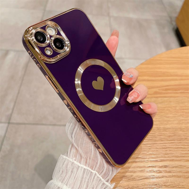 Custodia di lusso Magsafe Magnetica Placcata con Cuore d'Amore per iPhone 11 12 13 14 15 16 Pro Max X XR XS Plus Cover per Ricarica Wireless