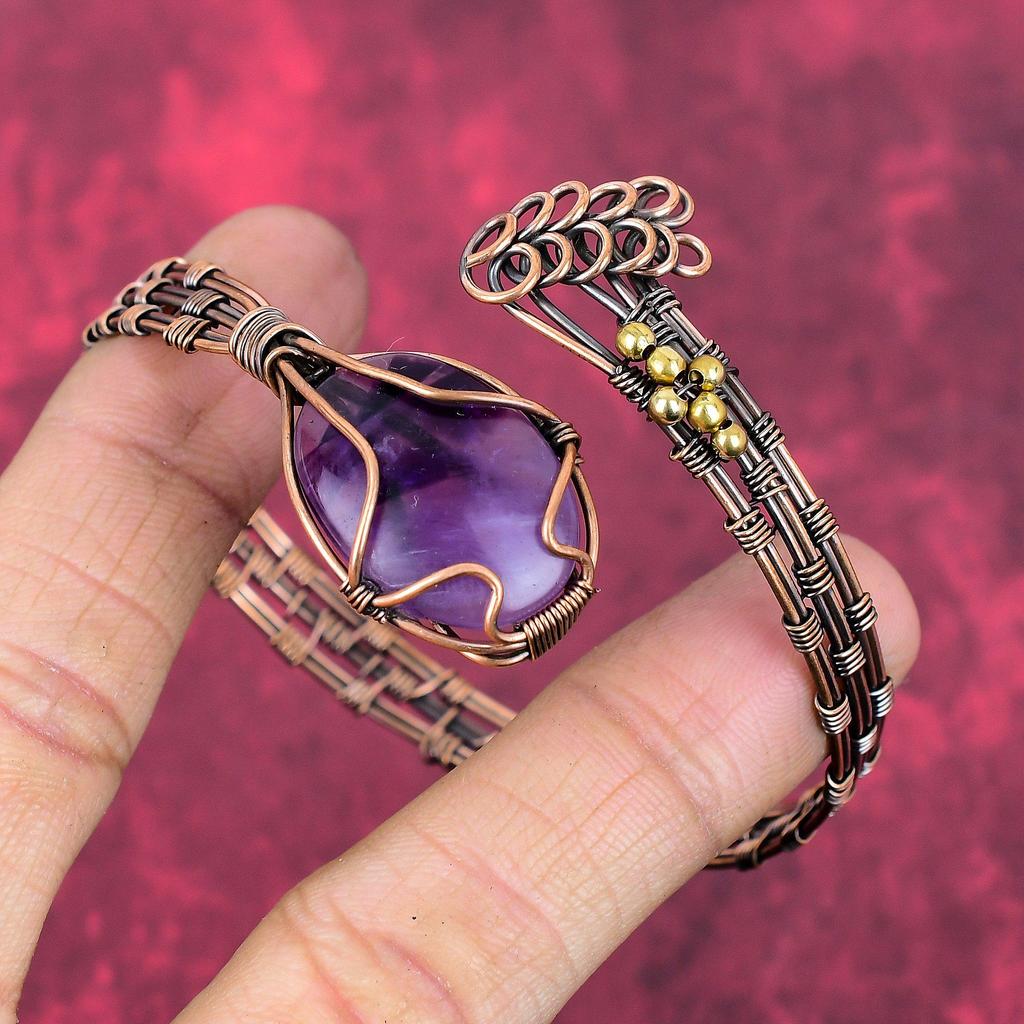 Star Amethyst Bangle Copper Wire Wrapped Jewelry Adjustable Cuff Bracelet Handmade Real Gemstone Jewelry Copper Wire Bangle Gifts for Women