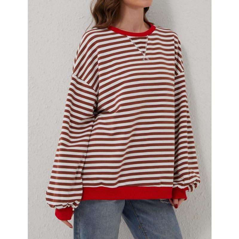 Loose Striped Long Sleeved Round Neck Women's T-shirt