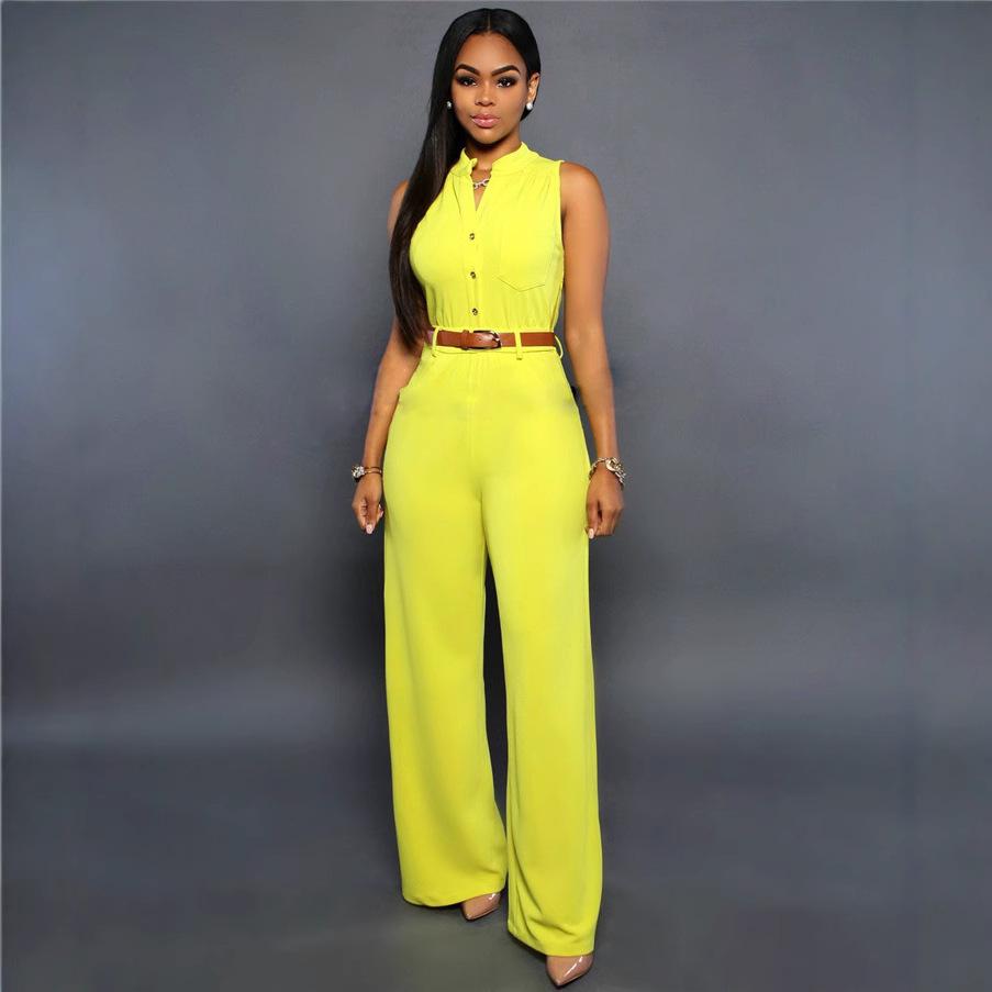 Women's Single-Breasted High Waist Belted Wide Leg Jumpsuit