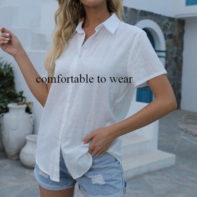 Camicette a maniche corte in cotone tinta unita con colletto rovesciato e bottoni, camicia estiva da donna, top bianchi