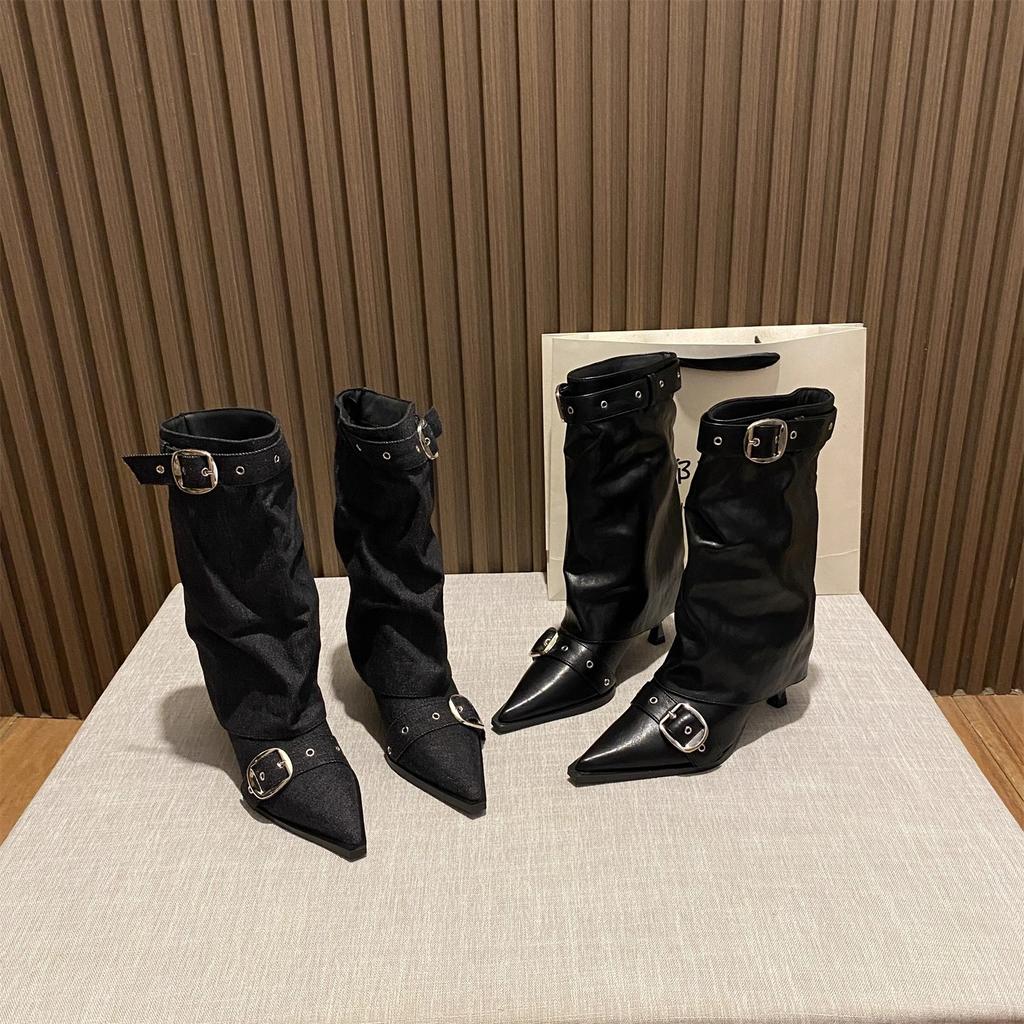 French Retro Pointed Belt Buckle Thin Heel Medium Boots Women's 2025 Autumn and Winter New Temperament Versatile High Heel Trouser Boots