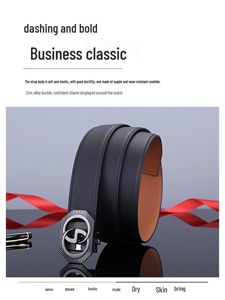 Men's Double-Sided Genuine Leather Belt with Automatic Buckle - Casual, Versatile Waistband
