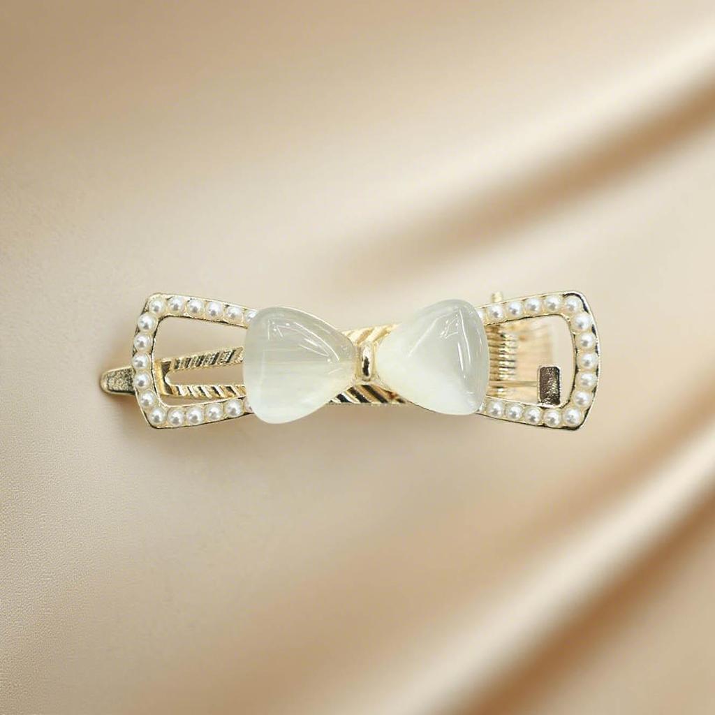 Cremefarbene Katzenaugen Schleife Haarspange - Retro Blume Hohl Damen Krallenclip Kopfschmuck Accessoire