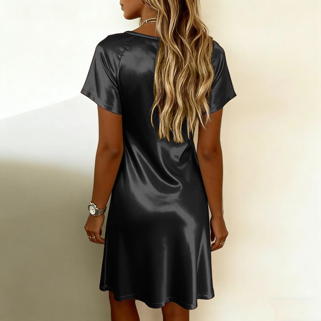 Lässiges, modisches, kurzärmeliges Metallic-Kleid in verschiedenen Farben mit Swingkragen